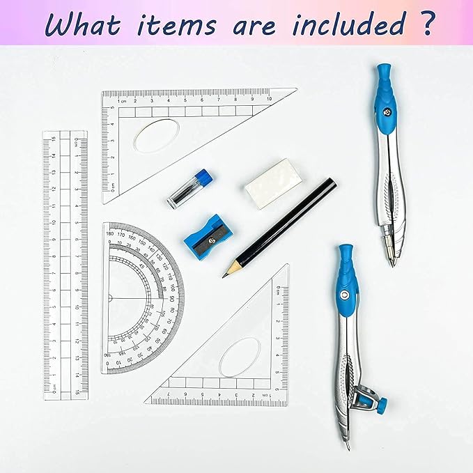 Lifreer Geometry Set,10 Pcs Protractor and Compass Set, Math and Ruler Set for Students, Class Supplies, and School - Essential Compass Geometry Tools for Precision and Quality (Blue)