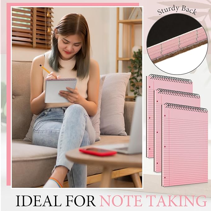 3 Packs 8.5" x 11" Top Spiral Notebook with 3 Hole Punched Legal Pads College Ruled Notepad 50 Sheets Hard Cardboard Paper Wirebound Notepad for Office School Business (Pink)
