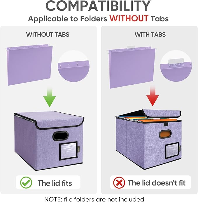 BALEINE File Organizer Box with Lid, Collapsible File Folder Organizer with Plastic Slide, Hanging File Folder Box for Office Document Storage (2 Pack, Purple)