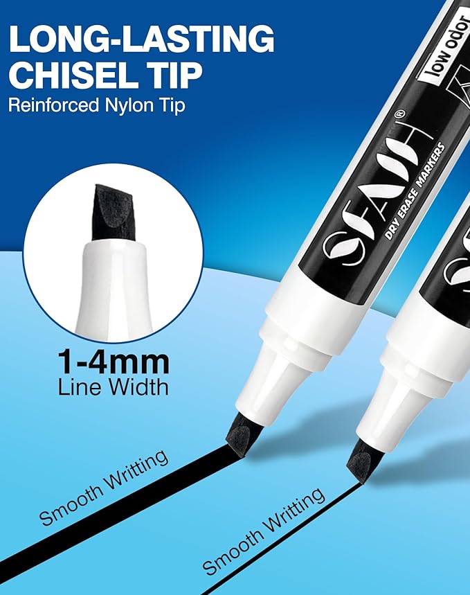 SFAIH Dry Erase Markers Chisel Tip with Magnetic Whiteboard Eraser, 72 Bulk Pack Black White Board Markers for Teachers & Students, Versatile Lines, 1s Quickly Dry, Perfect for Classroom and Office