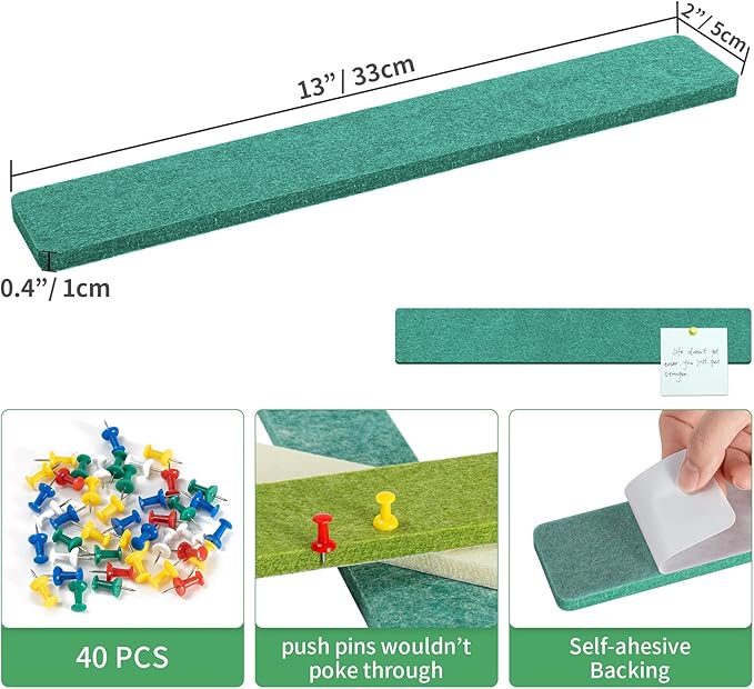 Cork Board for Walls - 8 Pack Felt Pin Board Bar Strips - Self-Adhesive Lightweight Bulletin Board - Cork Board for Office with 40 Push Pins No Damage for Wall