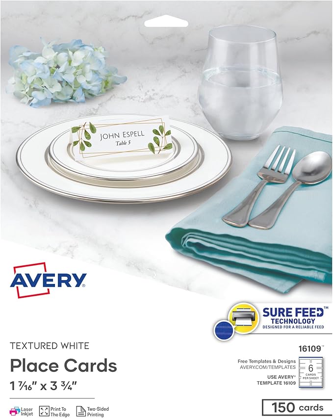 Avery Printable Place Cards with Sure Feed Technology, 1-7/16" x 3-3/4", Textured White, 150 Blank Tent Cards for Laser or Inkjet Printers (16109)