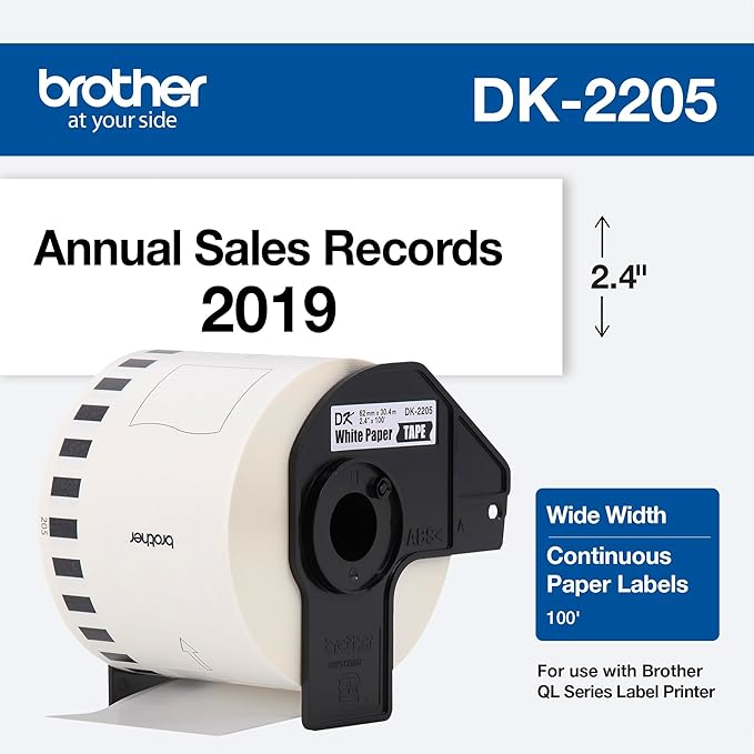 Brother Genuine, DK-2205 Continuous Paper Label Roll, Cut-to-Length Label, 2.4” x 100 Feet, (1) Roll Per Box