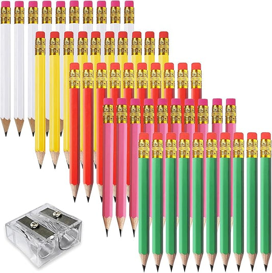 Adhere 25pcs Golf Pencils with eraser Hexagon Wooden Pencils Graphite 2B for Golf Event Scoring,Classroom,Wedding,Company Meetings,Pew, Pocket (Z- White・Pink・Red・Yellow・Light green・50pcs)