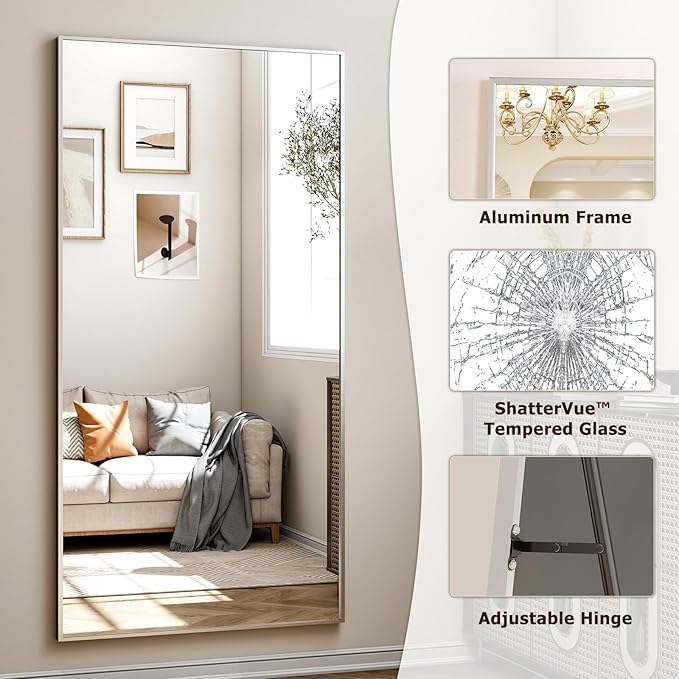 26"x71" Full Length Mirror, Adjustable Standing/Wall Mounted Floor Mirror for Bedroom, Living Room, Entryway, Large Silver Leaning Mirror with Shatterproof Glass