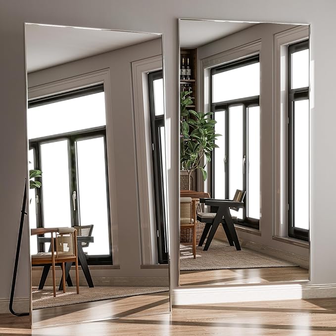 GLSLAND 76"x34" Full Length Mirror Extra Large Hanging or Leaning Rectangle Mirror Aluminum Alloy Thin Frame Bedroom Floor Dressing,Silver
