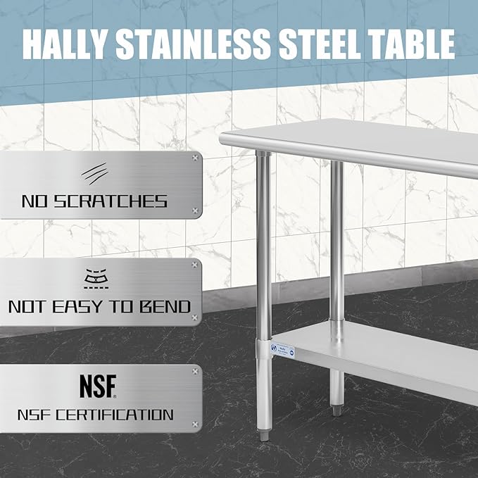 HALLY Stainless Steel Table for Prep & Work 18 x 60 Inches, NSF Commercial Heavy Duty Table with Undershelf and Galvanized Legs for Restaurant, Home and Hotel
