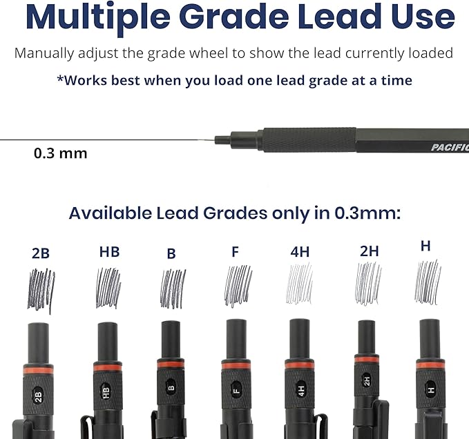 Pacific Arc Chromagraph Metal Mechanical Pencil .3 mm Black Barrel Mechanical Pencil with Built In Lead Pencil Grade Indicator, Lead Pencil Holder for Drafting, Sketching, and Drawing