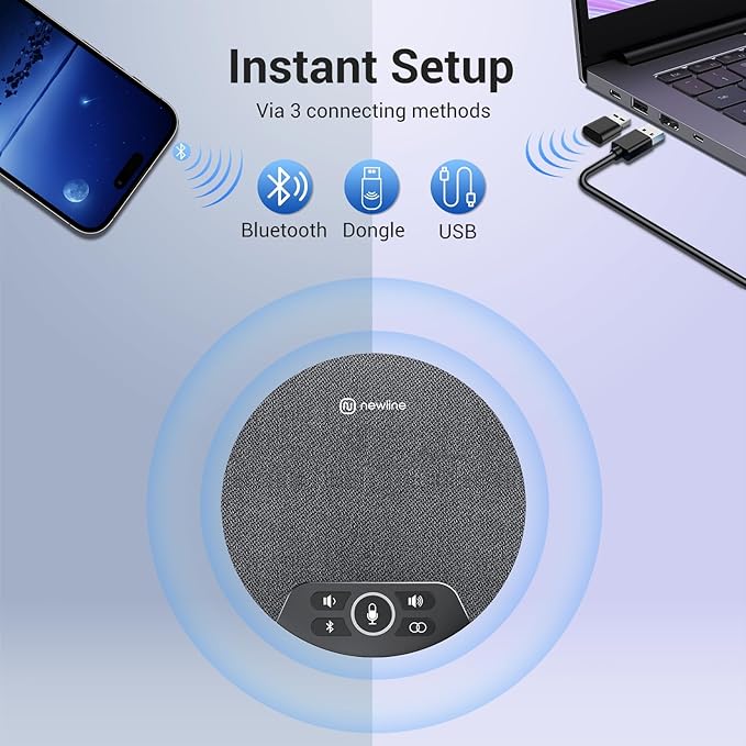 Conference Speaker and Microphone, 4 AI Mics 360° Voice Pickup, Plug & Play, Bluetooth Speakerphone w/dongle, Wireless Daisy Chaining, Noise Reduction, for Meeting, Home Office, NewPie 91