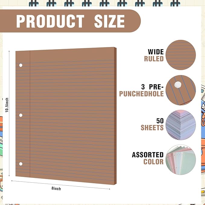 PerKoop 12 Pack 600 Sheets Colored Lined Paper Bulk Wide Ruled 8 x 10.5 Inches, Pastel Loose Leaf Notebook Paper 3 Hole Punched Filler for Back School Classroom Supplies(Morandi Color)