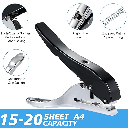 Heavy Duty Single Hole Punch - Portable Hand Held for Tags, Paper, Cards, Plastic, Cardboard (6MM Black)