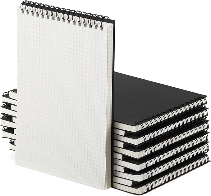 Graph Paper Spiral Notepad A5 Top Wirebound Notepad Grid Notebook Steno Pads Memo Notebook Grid Paper 140 Pages for Writing Sketching Drawing Office Supplies(Black,6 Pack)