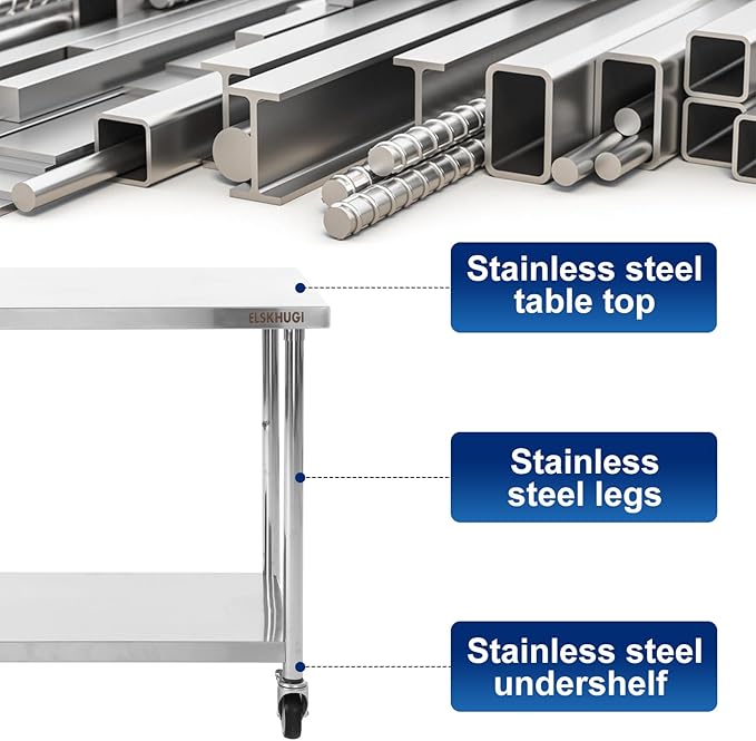 Stainless Steel Table for Prep & Work 48 x 24 Inches with Caster Wheels,Commercial Heavy Duty Metal Table with Undershelf for Home,Restaurant and Hotel Kitchen (48" x 24")