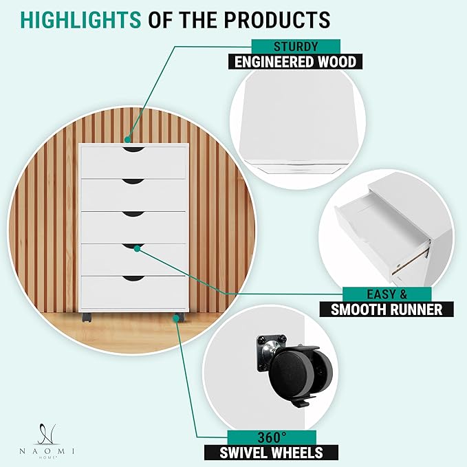 Naomi Home Office File Cabinets Wooden File Cabinets for Home Office Lateral Cabinet Wood Cabinet Mobile Mobile Storage Filing Storage Drawer White 5 Drawer