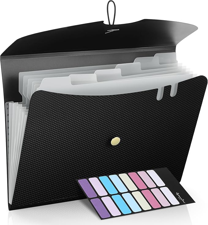 Sooez 7 Pocket Expanding File Folder, Premium Accordion File Organizer, Letter Size Folders for Documents, Sleek Filing Folders with Bungee Closure, Portable Folders for School Office Supplies, Black