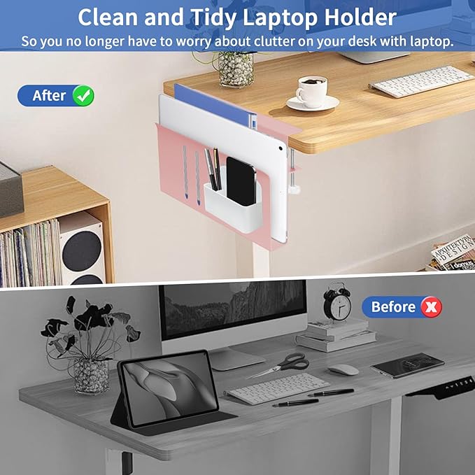 LUKETURE Desk Side Storage, Steel Side Desk Organizer, No Drill Laptop Holder, Clamp on Laptop Mount with Pen Holder, Table Hanging Storage for Home Office, Fits Flat Edge Tables 0.3" to 2.8"