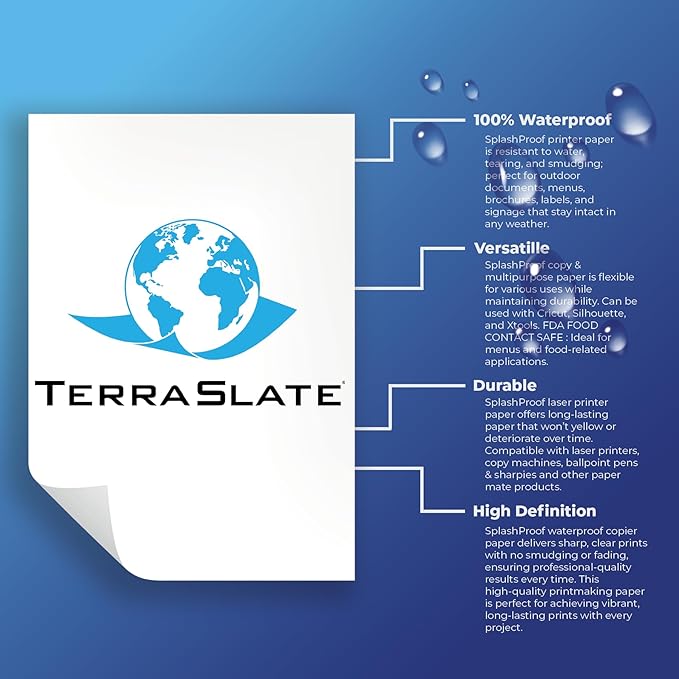 TerraSlate Copy Paper Waterproof Laser Printer, Rain Weatherproof, 5 Mil, 8.5x11-inch, 500 Sheets