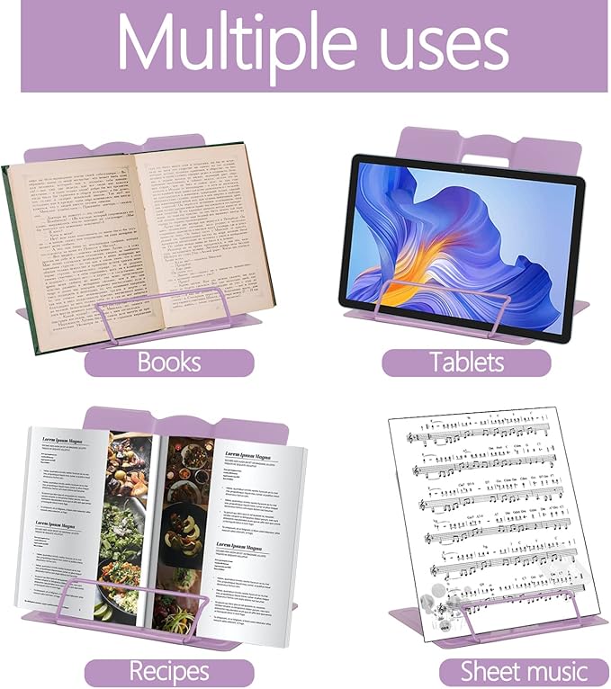 Metal Book Stand - Adjustable Book Holder for Reading (Full Purple)