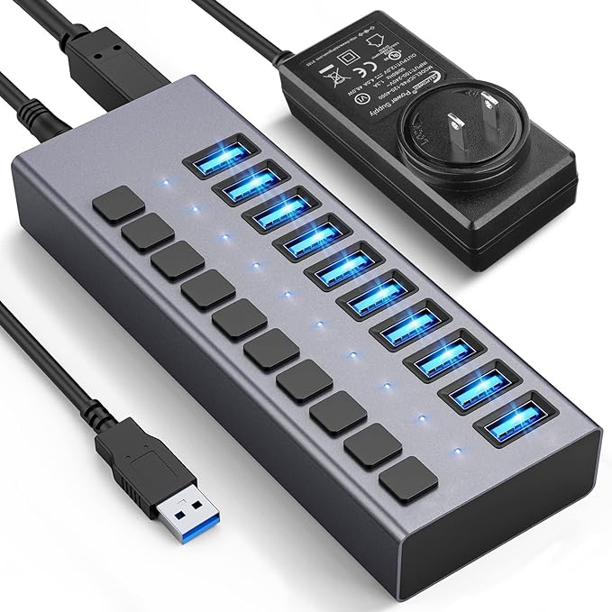 48W Powered USB Hub - ACASIS 10 Ports USB 3.0 Data Hub, Individual On/Off Switches, 12V/4A Power Adapter, Aluminum Housing, USB Splitter for PC, Computer, Mobile HDD, Flash Drive