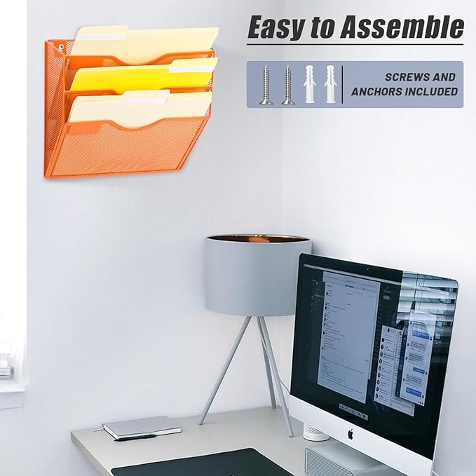 EASEPRES 3 Pocket Mesh Hanging Wall File Organizer, Wall Mounted Mail Paper Document Folder Holder, Clipboard Storage Organization Magazine Rack with Nametag Label for Office Home School, Orange