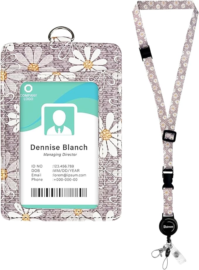 bolimoss Daisy ID Badge Holder with Adjustable Lanyard,Retractable ID Badge Card Holders Detachable Neck Lanyard Strap with Badge Reel and Leather ID Holder for Nurse Students Teachers Office Staff