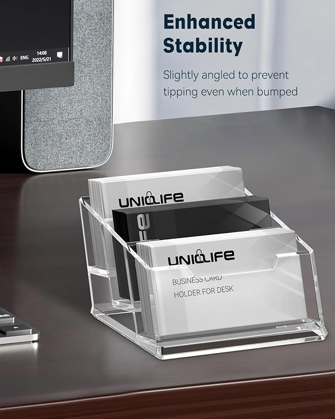 Uniclife Acrylic Business Card Holder for Desk 3 Slots Clear Business Card Display Stand for Men & Women Desktop Business Card Organizer Card Stand for Office Home Exhibition, 180 Card Capacity