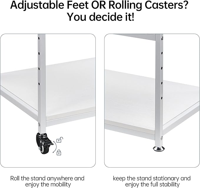 White Printer Stand, 23.6 x18.9 x 30 Inches Big Size Printer Table with Adjustable Shelf, 3 Tier Rolling Printer Cart with Wheels for Home Office Storage and Organization