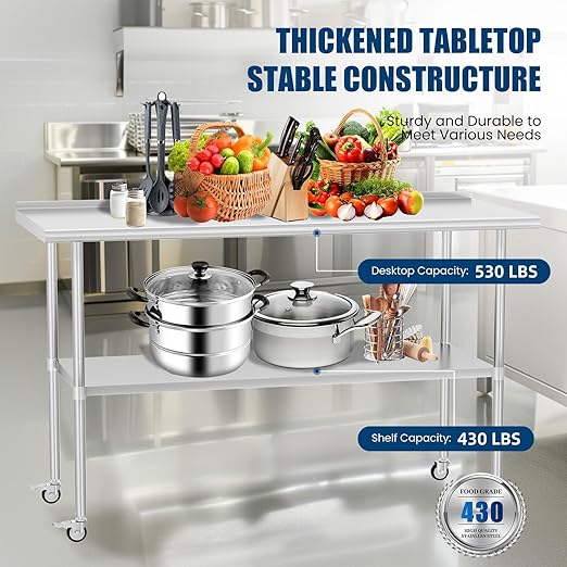 Stainless Steel Table with Wheels 30 x 60 Inches Metal Food Prep Table with Backsplash & Adjustable Undershelf, Utility Table for Kitchen, Outdoor, Restaurant, Bar & Garage