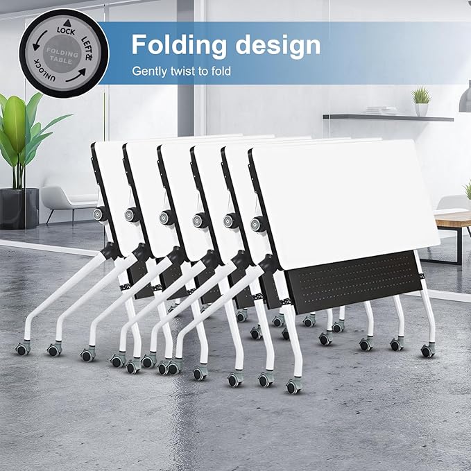 Conference Table, Folding Conference Room Tables, Mobile Training Tables with Silent Wheels, Large Rectangular Modular Seminar Table Office Computer Desks for Classroom White (4Pack L55.1in)