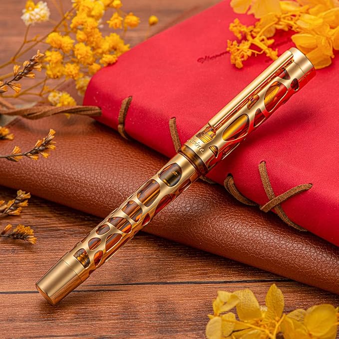 Asvine V169 Vacuum Filling Fountain Pen Iridium Fine Nib, Water Drop Skeleton Gold Trim Transparent Coffee Acrylic Pen Case Set