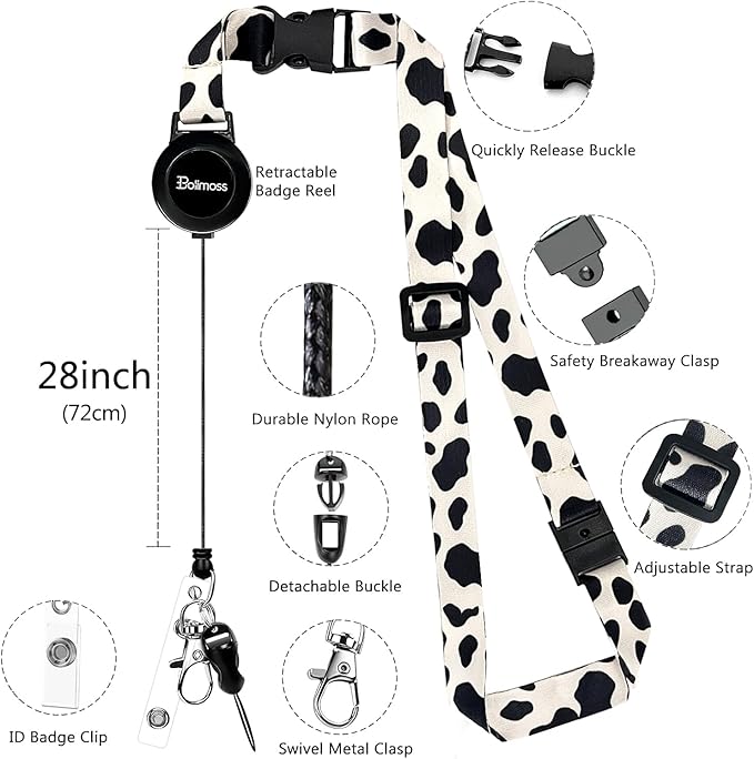 bolimoss Cow Print Lanyards for ID Badges Holder, Leather ID Name Badge Card Holder with Adjustable Retractable Lanyard,Quick Release Buckle & Safety Breakaway Lanyards with Swivel Metal Clasp
