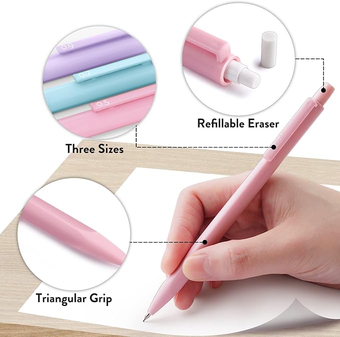 Four Candies Cute Mechanical Pencil Set, 6PCS Pastel Mechanical Pencils 0.5 mm & 0.7mm & 0.9mm with 360PCS Leads, 3PCS Erasers and 9PCS Eraser Refills, Aesthetic Pencils for Girls Writing, Art Drawing