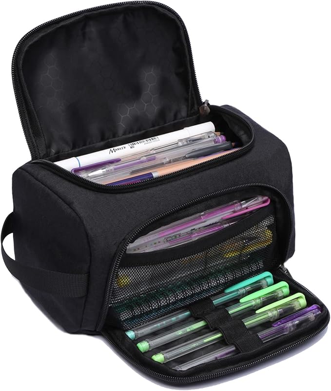 XQXA Large Capacity Pencil Case Organizer, Multifunctional Extra Big Pencil Pouch with Compartmens, Travel Simple Stationery Pen Bag, Fabric Pencil Bag for Men Women Girl Boy (Black)