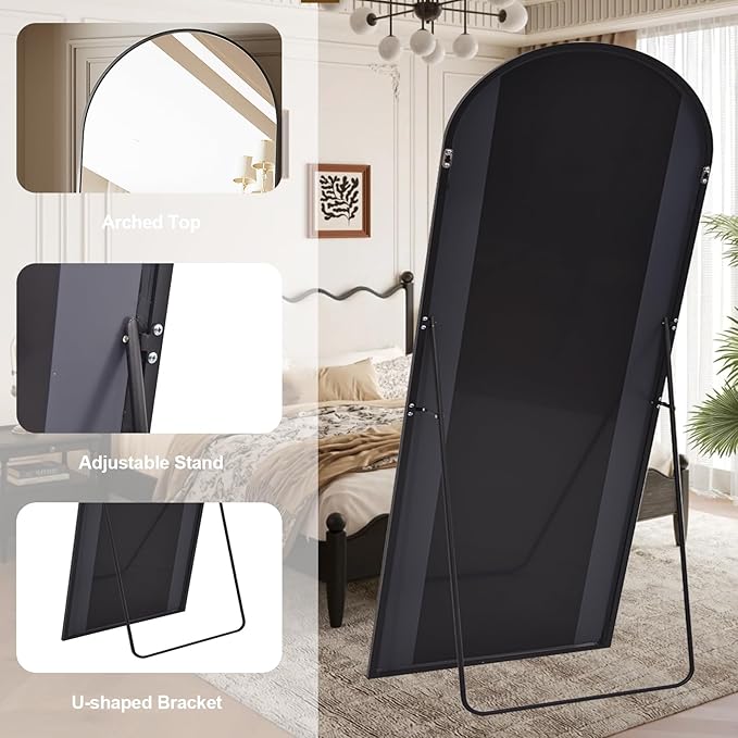 Oversized Full Body Mirror 35x78 inch Arched Full Length Mirror with Stand Aluminum Wall Mounted Hanging or Leaning Standing Mirrors,Black