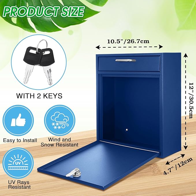 Locking Mailbox with Key for Outdoor 12 x 10.5 x 4.7 Inches Large Wall Mount Mail Box with Lock Security Mail Drop Metal Collection Boxes Hanging Secure Postbox(Dark Blue)