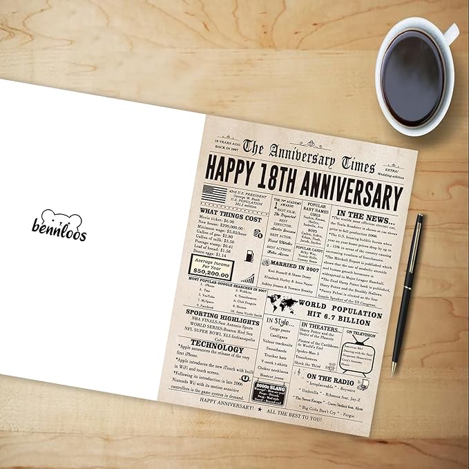 Jumbo 18th Anniversary Card for Him Her, Retro 18 Year Anniversary Card Gift for Couple, Sweet 18 Wedding Anniversary Cards for Wife Husband, Best 18 Aday Gifts Idea for Parent