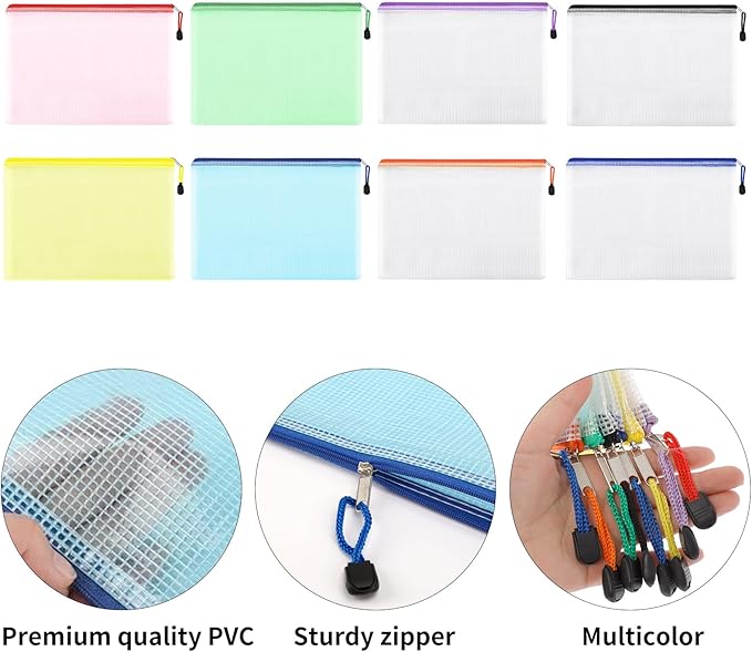 EOOUT 16pcs Mesh Zipper Pouch, Puzzles, Board Game Storage Bags for Organizing, Waterproof Zip File Bags, Letter Size, A4 Size, for School Office Supplies, Storage Bags, 8 Colors