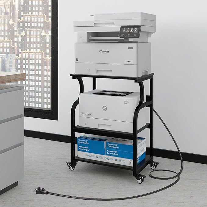 Natwind Large Printer Stand,24''x20''x29''Printer Table with Adjustable Storage Shelf,3 Tier Rolling Printer Cart with Wheels,Home Office Multifunctional Shelves for Heat Press,3D Printer (Black)