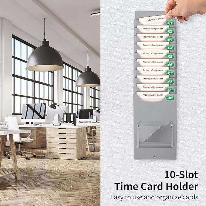 Time Card Holder, 10-Slot Attendance Card Rack, Easy to Hang, Retractable Time Card Wall Holder Rack with Number Labels 01-10