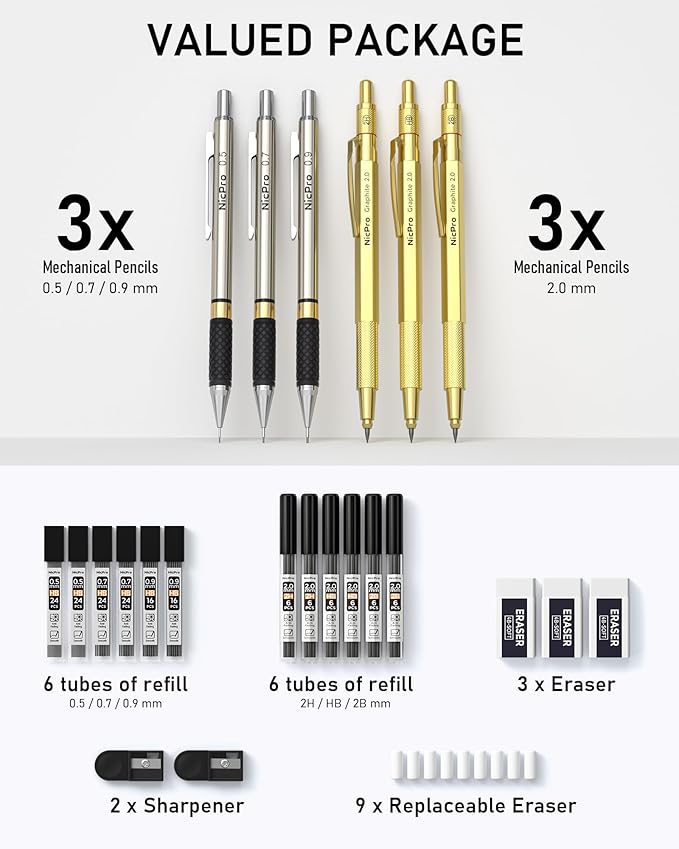 Nicpro Gold Art Mechanical Pencil Set, Metal Drafting Pencil 0.5, 0.7, 0.9mm & 2mm Lead Holder(2B HB 2H) For Sketching Drawing With Lead Refills Case