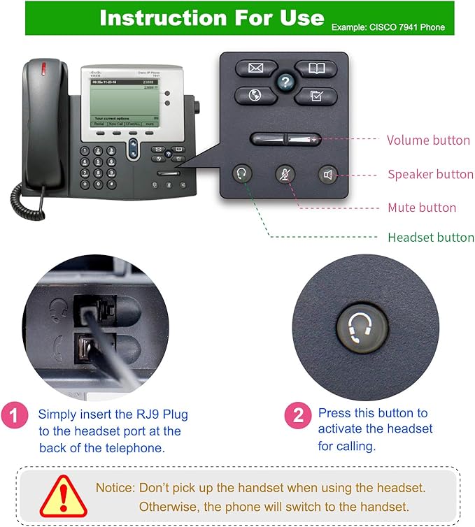 VoiceJoy Corded RJ9 Phone Headset Binaural with Noise Canceling Microphone ONLY for Cisco IP Phones: Such as 7942 7971 8841,8845, 8851, 8861,8945, 8961, 9951, 9971 etc