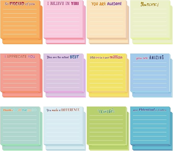 Yinder 24 Pcs Inspirational Sticky Notes with Lines Cute Motivational Sticky Notes Pad Employee Appreciation Gifts Bulk for Teacher Nurse Coworkers Office Supplies 3 x 3''(Light Color,Thankful)