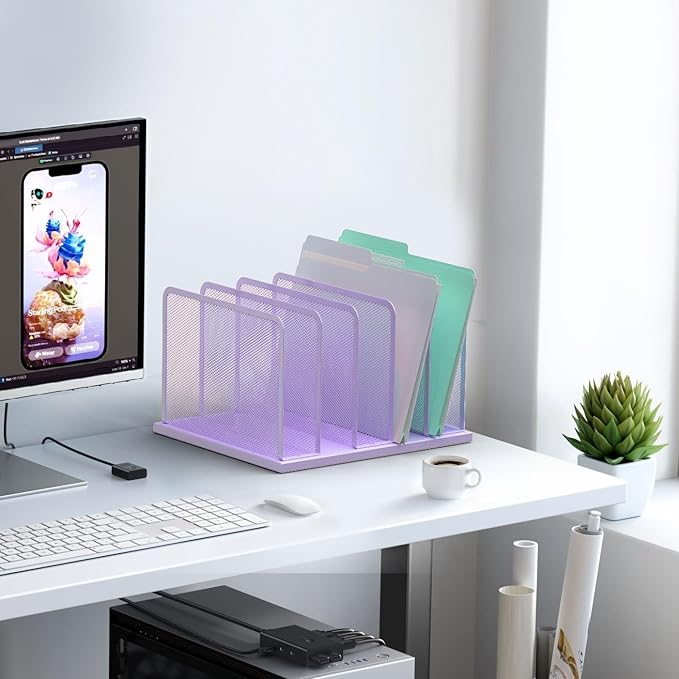 Kuntine.B Desk File Organizer Upright Mesh Desktop Organizer File Sorter Office Organization File Holder for Home, Office & Classroom (Purple, 1 Pack 5-Section)
