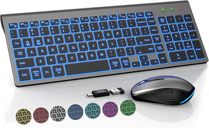 SABLUTE Wireless Keyboard and Mouse Combo Backlit - Compact Quiet Keyboard with RGB Mouse, Rechargeable, Slim, Sleep Mode, Portable Cordless Keyboard Mouse Set for Mac, Windows, Laptop (Space Gray)