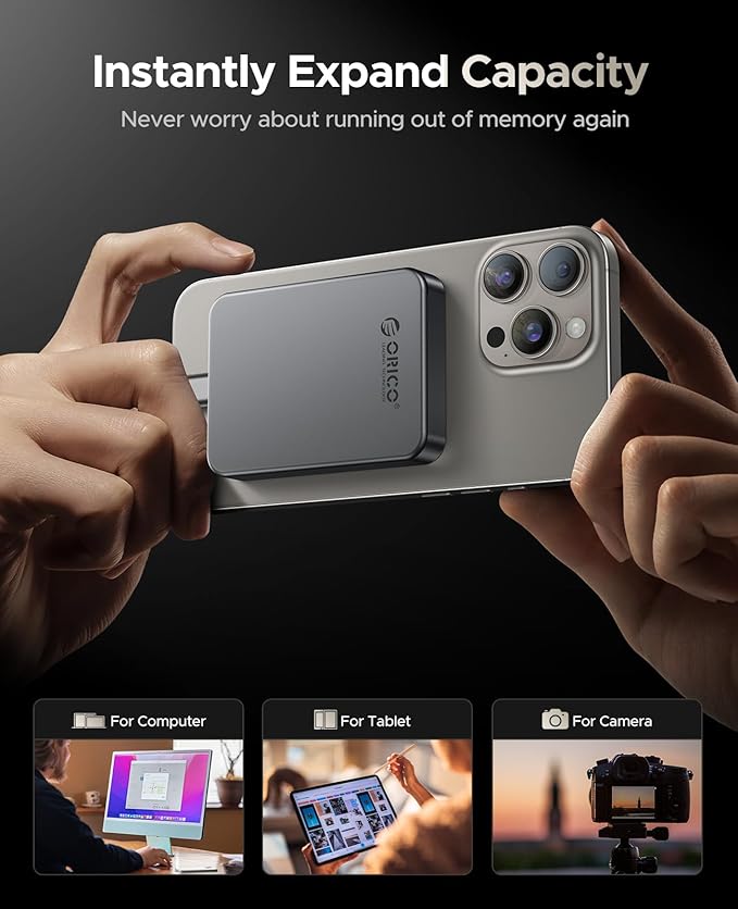ORICO 512GB Magnetic Portable SSD, Metal Body, 4K 120 fps ProRes HDR Record and Store, Up to 460MB/s, USB C&A 2 in 1 Cable, External SSD Compatible with iPhone 16 Pro Max, Tablet, Computer - K5PLUS