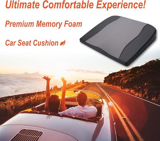 Car Seat Cushion, Comfort Memory Foam Car Cushions for Driving - Sciatica & Lower Back Pain Relief, Driver Seat Pillow for Auto, Office Chair, Wheelchair - Black&Gray