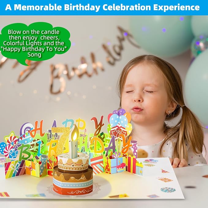 Gumry 7TH Musical Birthday PopUp Card, Blowable Colorful Light Candle 3D Cards with Song, Applause Cheers Sound, Greeting Cards Birthday Gifts Decorations for Daughter Son Turning 7 Years Old