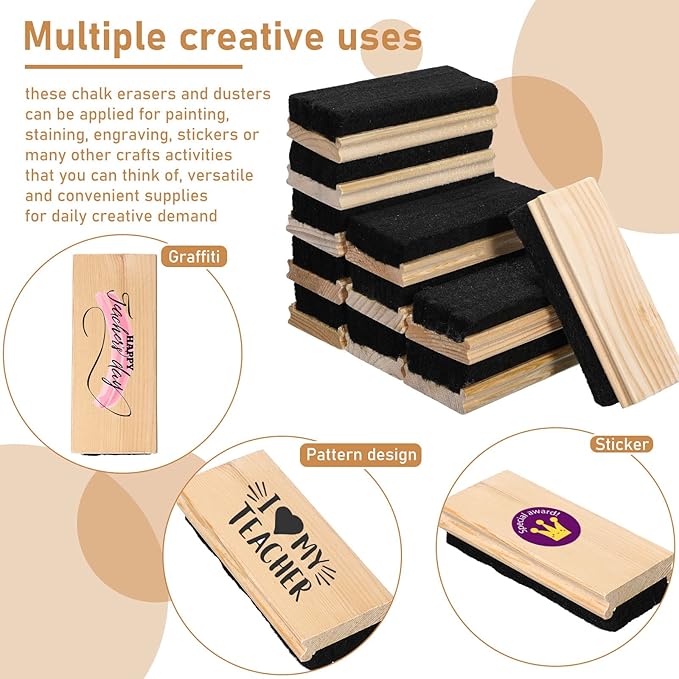 Fumete 108 Pcs Felt Chalkboard Erasers Bulk Back to School Classroom Supplies Wooden Chalk Eraser for Chalkboard Cleaner Duster for Markers White Black Boards Paint School Students Teachers