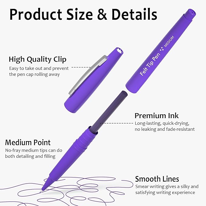 Lelix Felt Tip Pens, 15 Purple Pack, 0.7mm Medium Point, Felt Tip Markers Pens for Journaling, Writing, Note Taking, Planner, Perfect for School Office and Art Supplies