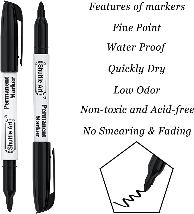 Shuttle Art Permanent Markers, 50 Pack Black Permanent Marker set,Fine Point, Works on Plastic,Wood,Stone,Metal and Glass for Doodling, Marking